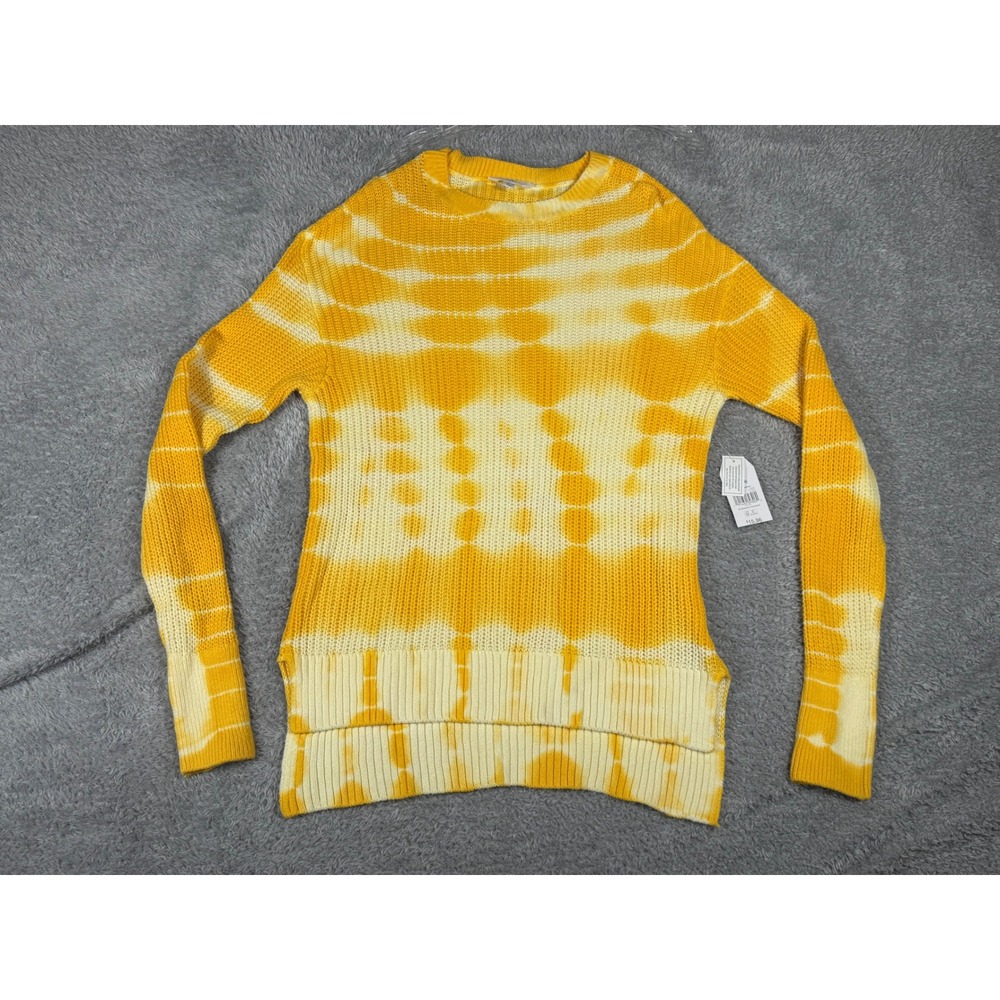 Time and Tru Sweater Womens L 12-14 Yellow NWT Tie Dye Thumbhole Cotton Knit